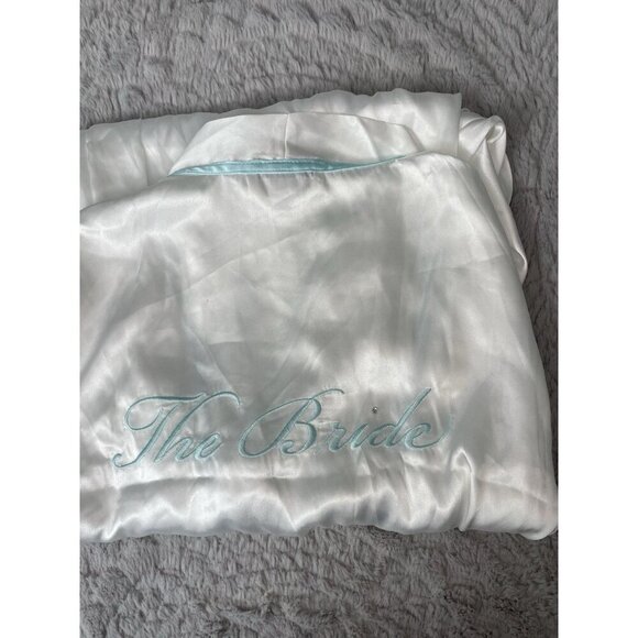 "The Bride" Linea Donatella Short White Satin Wrap Robe Blue Trim Sz Small - Picture 9 of 10